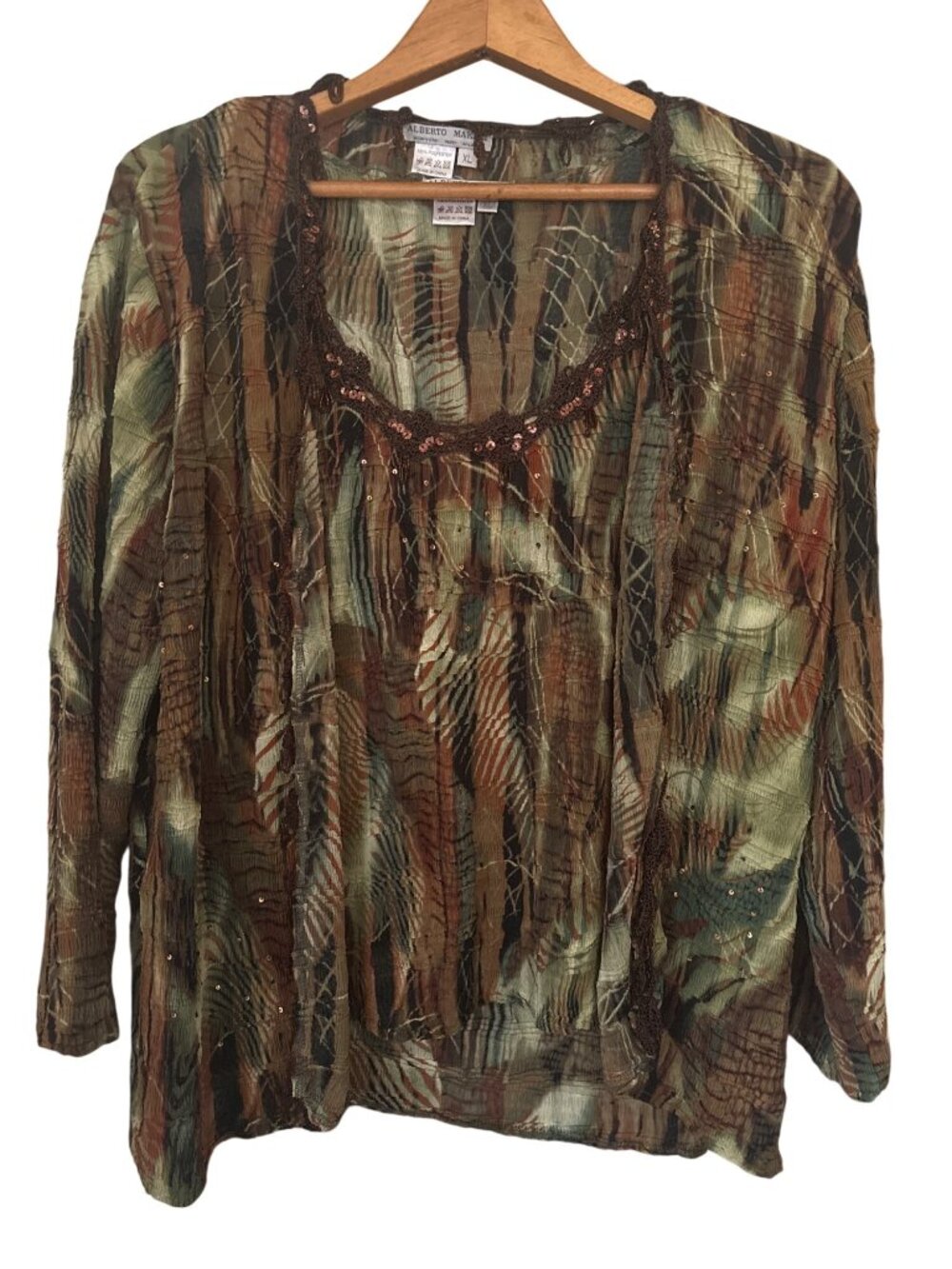 Alberto Makali XL Womens 2-Piece Top Green/Orange Abstract Botanical Brushstroke